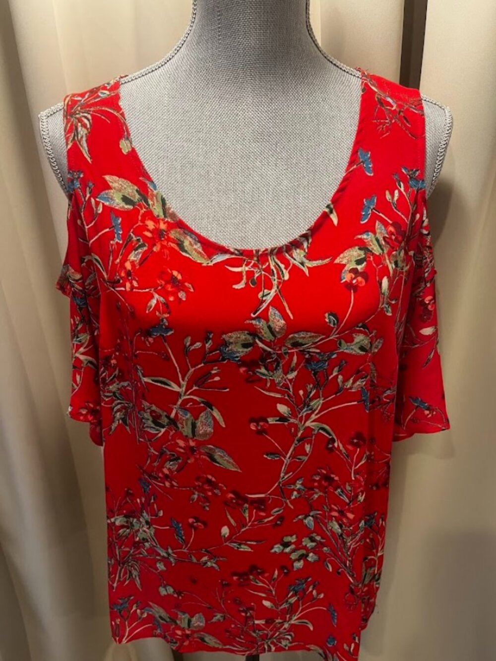 Rose & Olive Red Floral Print Polyester Cold Shoulder Blouse XL